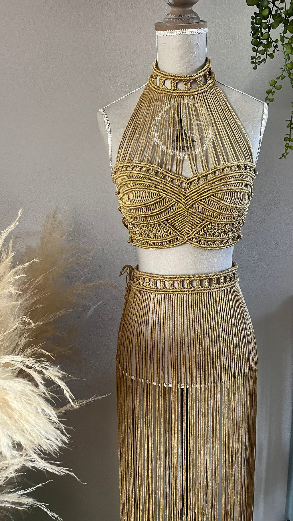 bohemian macrame gold dress with fringe 