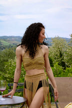 Abito lungo in macramé boho gold con frange – Festival & Beachwear handmade