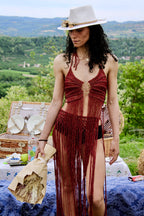 Boudeaux Gold Set top & gonna in macramé con frange – Festival & Beachwear handmade