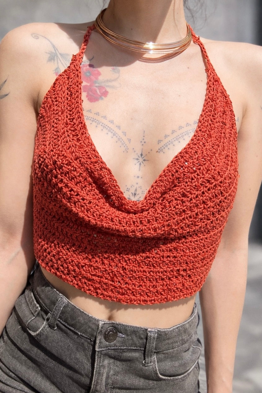 Crochet Halter Crop Top Handmade Terracotta | Ready-to-Wear