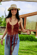 Boudeaux Gold Set top & gonna in macramé con frange – Festival & Beachwear handmade