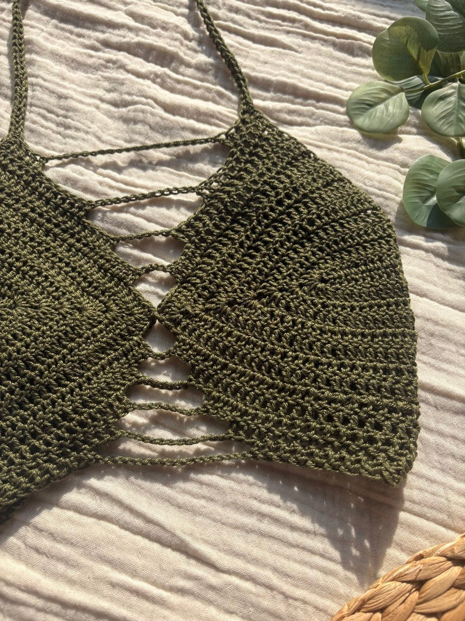 Dettaglio lavorazione crochet Kaia Waves verde Wild Sage, texture intrecciata e nodi artigianali fatti a mano, stile bohemian luxury My Sunflower Lab